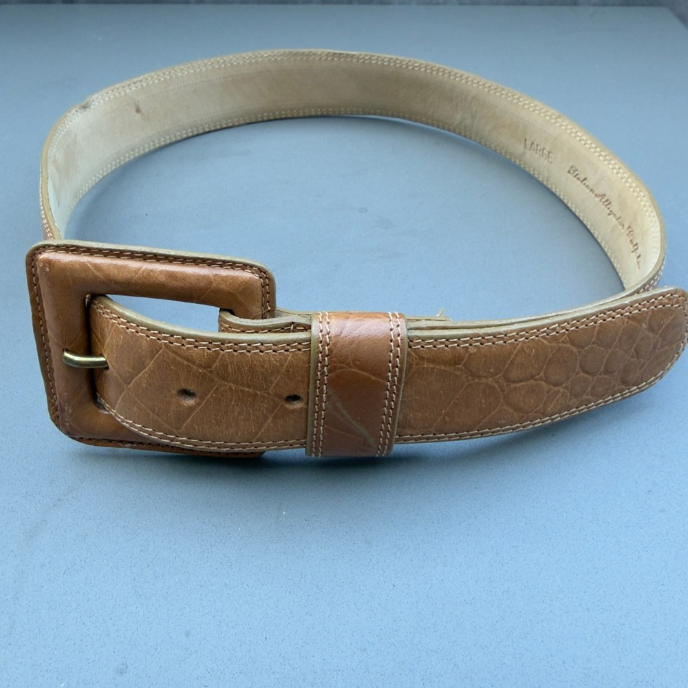 VTG Linda Allard Ellen Tracy Italian Alligator Calfskin Belt Large Brown